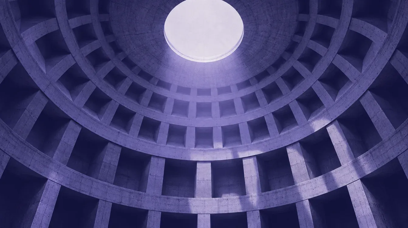 Looking up into a coffered dome toward a single oculus of light