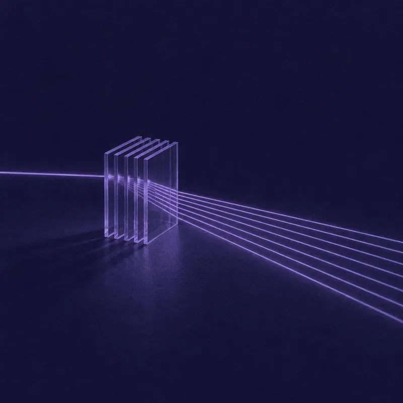 A single beam of light splitting into parallel lines through glass plates